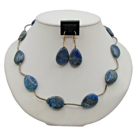 Atara 925 Necklace and Earring Set Signed Pear Shape Blue Lapis Lazuli Bead Vtg